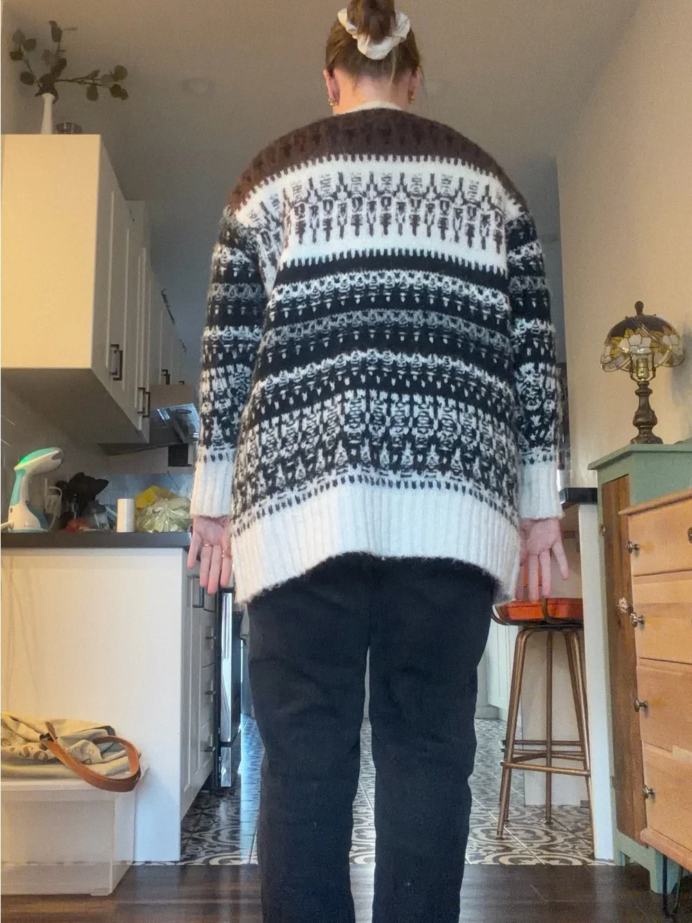 eesome Open-Front Fair Isle Cardigan in Cream, Brown, and Black - Picture 9 of 13